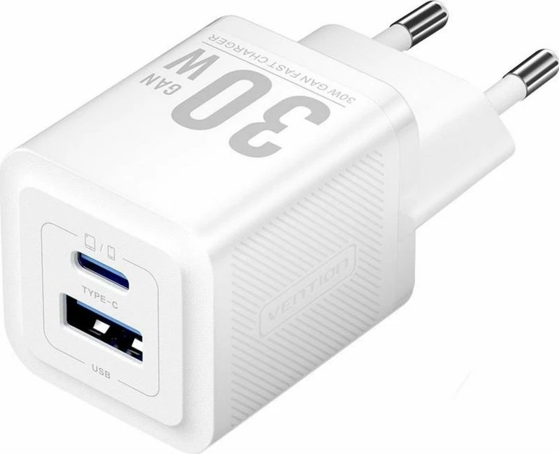 Karikues telefoni Vention 1x USB-A 1x USB-C GaN 30W, i bardhë