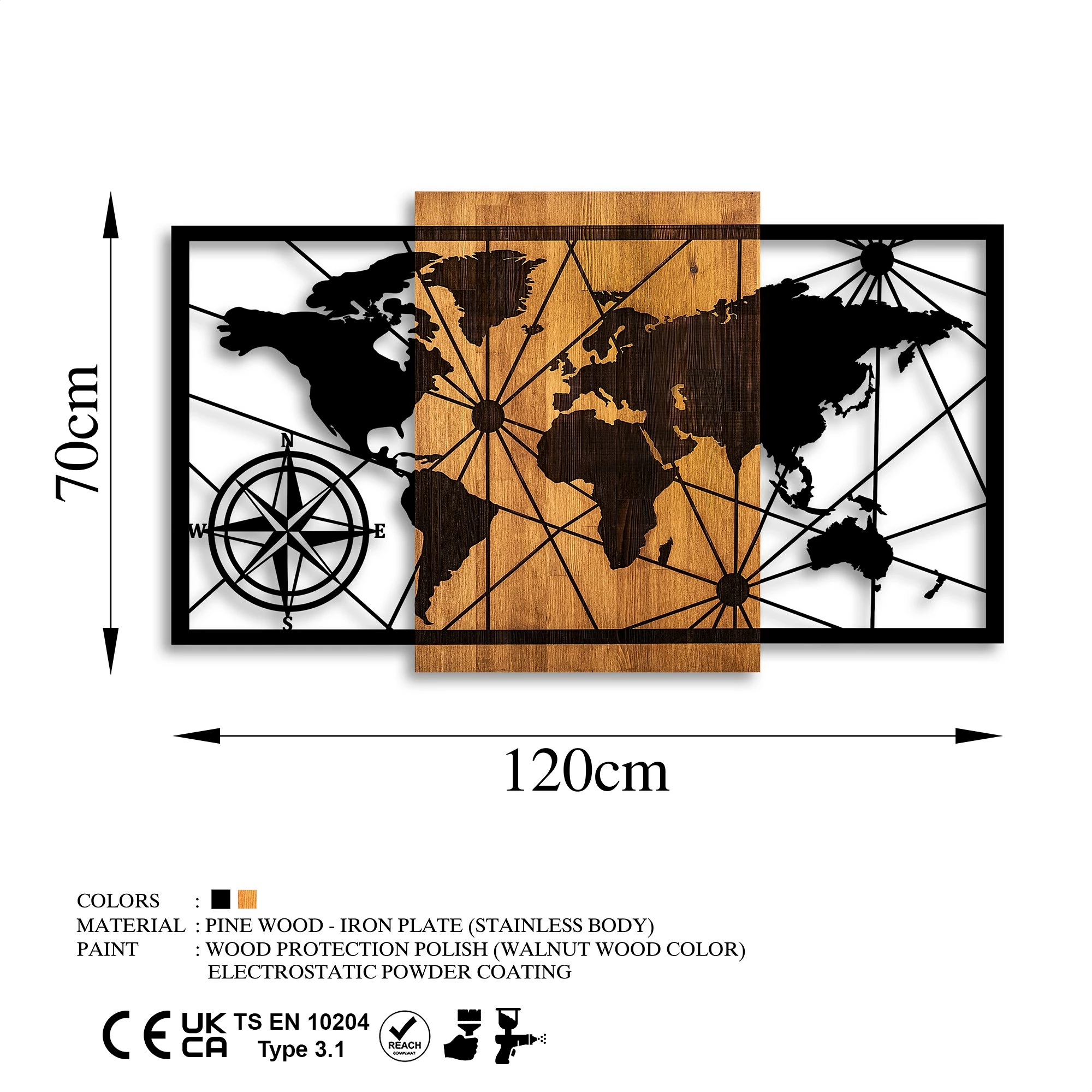 Aksesor dekorativ muri prej druri, hartë bote, Wallity, ngjyrë arre dhe e zezë, 70x120cm