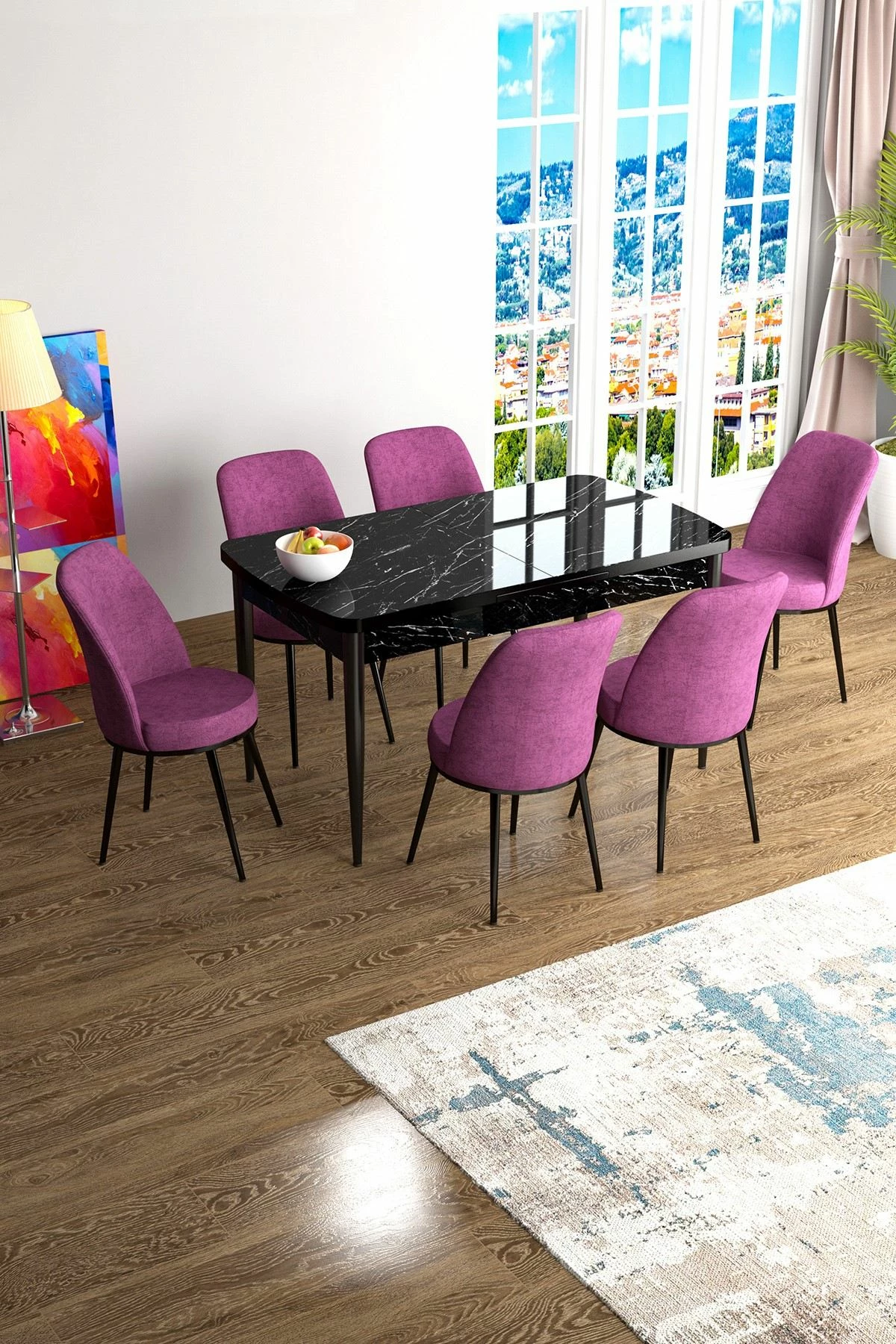 Tavolinë me karrige, zgjatshme, 7 copë, Skye Decor, ngjyrë mermeri të zi dhe lejla
