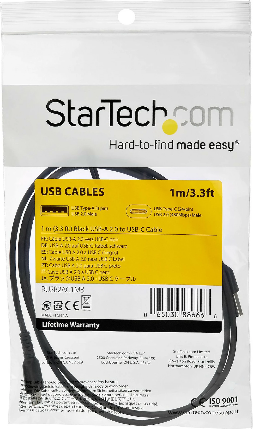 Kabllo USB-C StarTech 1m, USB 2.0, 60W USB-PD, e zezë