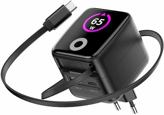 Karikues Mobile Origin PW3 (MO-65WDCH-PW3) 65W GaN, TFT display, 1x USB-A + 1x USB-C, kabllo USB-C e integrume, i zi