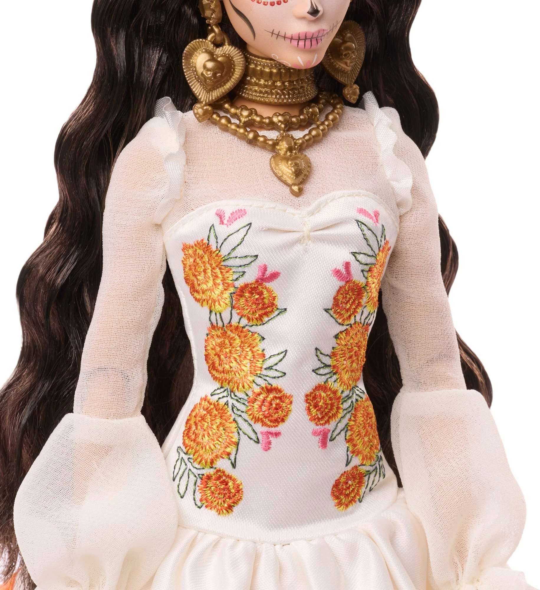 Kukull Barbie Mattel Signature Día de Muertos 2025 JBJ05, fustan dekorativ ivory, set me stand dhe certifikatë