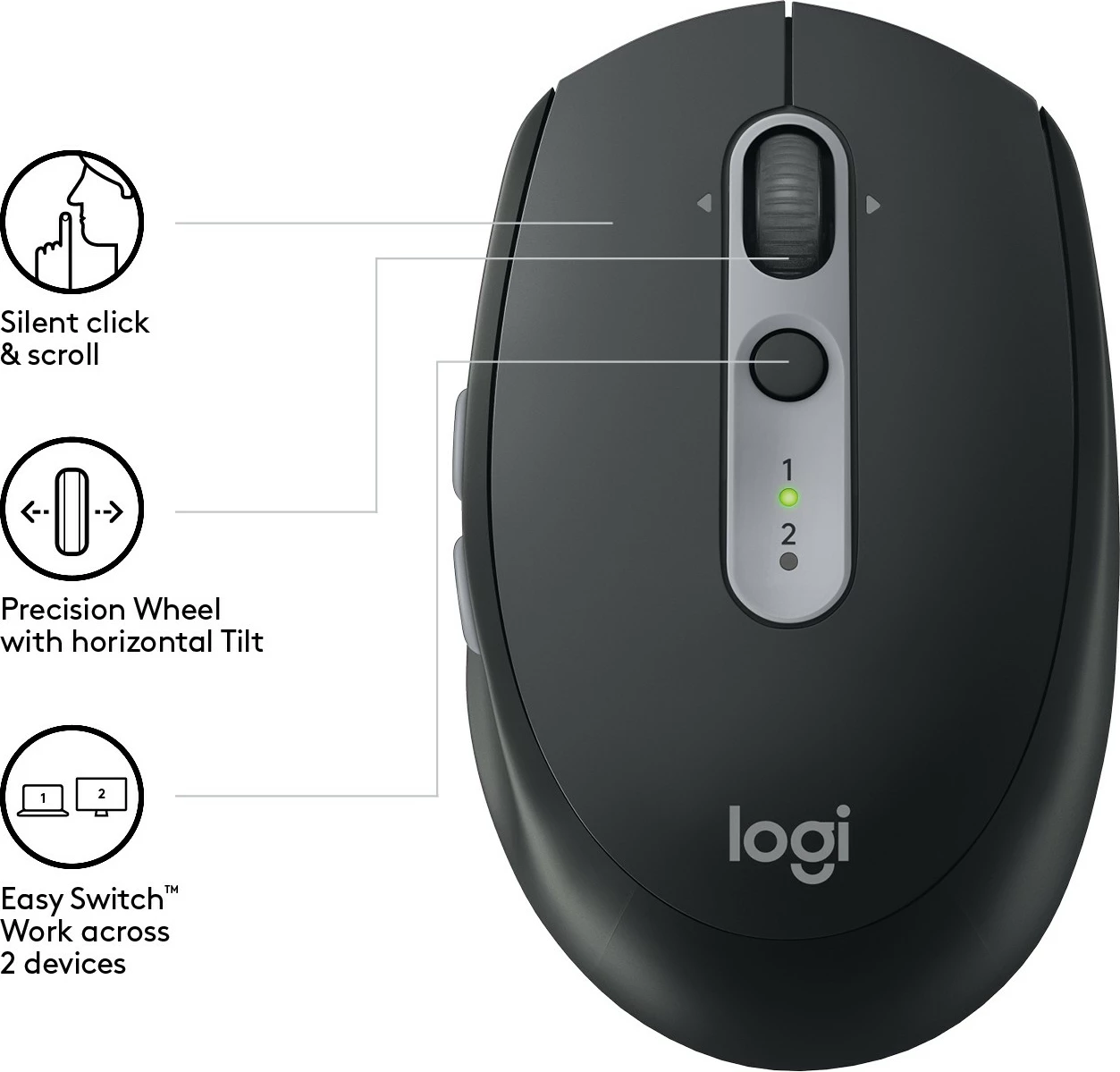 Maus Logitech M590 Multi-Device Silent, wireless, Bluetooth, 1000 DPI, graphite