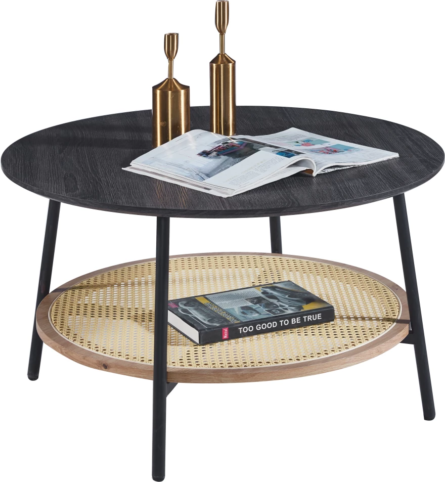 Tavolinë kafeje e rrumbullakët SEWELL, MDF Zebrano, këmbë metalike, Rattan natyral, Φ80x46H cm