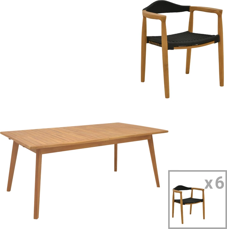 Tavolinë me karrige 7 copë Ganny-Pino dru teak ngjyrë natyrale - e zezë 180/240x100x75cm