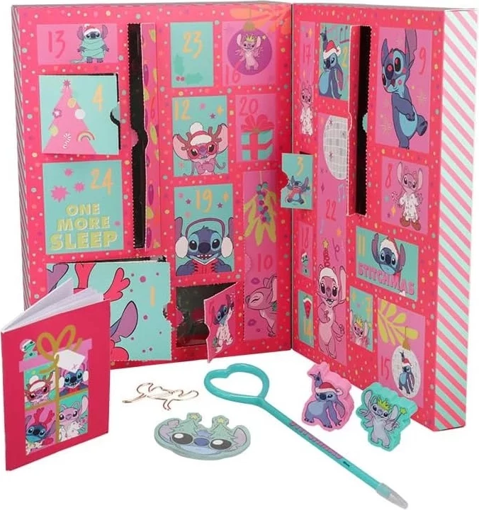 Kalendar adventi me artikuj shkrimi Disney Stitch Paladone, 24-ditor, set 32 copë, rozë