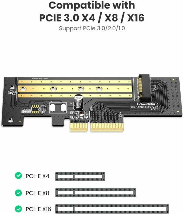 Adapter PCIe në M.2 NVMe UGREEN 70503, PCIe 3.0 x4, për SSD 2230/2242/2260/2280, deri 4TB, 32Gbps, e zezë, set me vida + kaçavidë