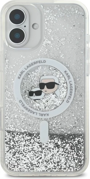 Mbështjellës Karl Lagerfeld Liquid Glitter Karl & Choupette Head MagSafe për iPhone 16 Plus, Transparent