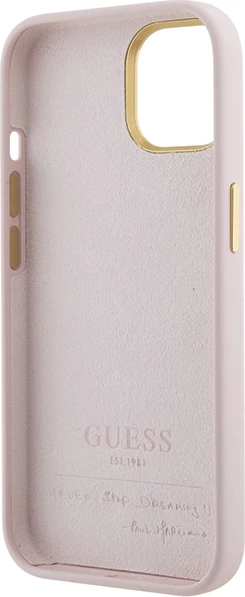 Mbështjellës Guess Silicone Script Metal Logo & Frame për iPhone 15, Rozë