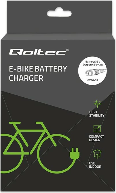 Ngarkues biçikletë elektrike, Qoltec 52618, 42V 2A 84W, prizë GX16-3P, për bateri 36V, me kabllo rryme, zi