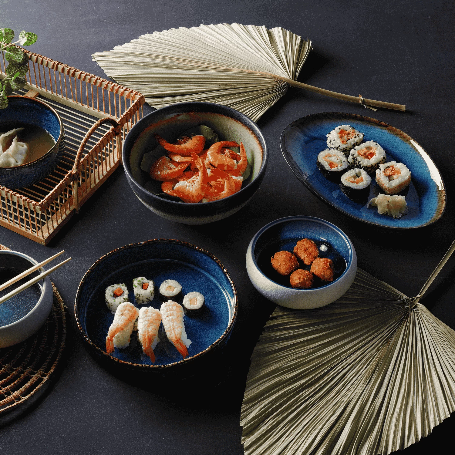 Pjatë e formës organike Fine Dine Lazur 270x190mm, set 3 copë, blu