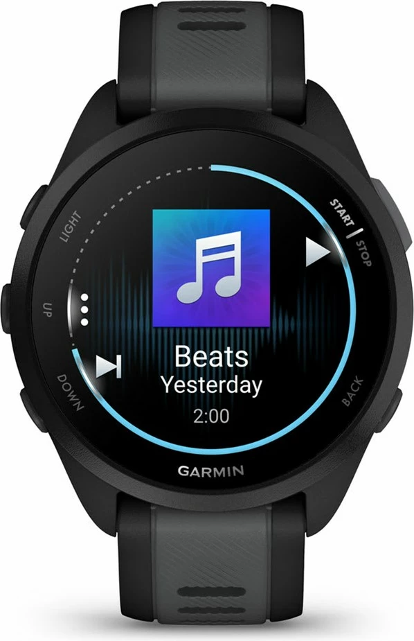 Smartwatch Garmin Forerunner 165 Music, 43mm, AMOLED, GPS, i zi/me rrip argjendi