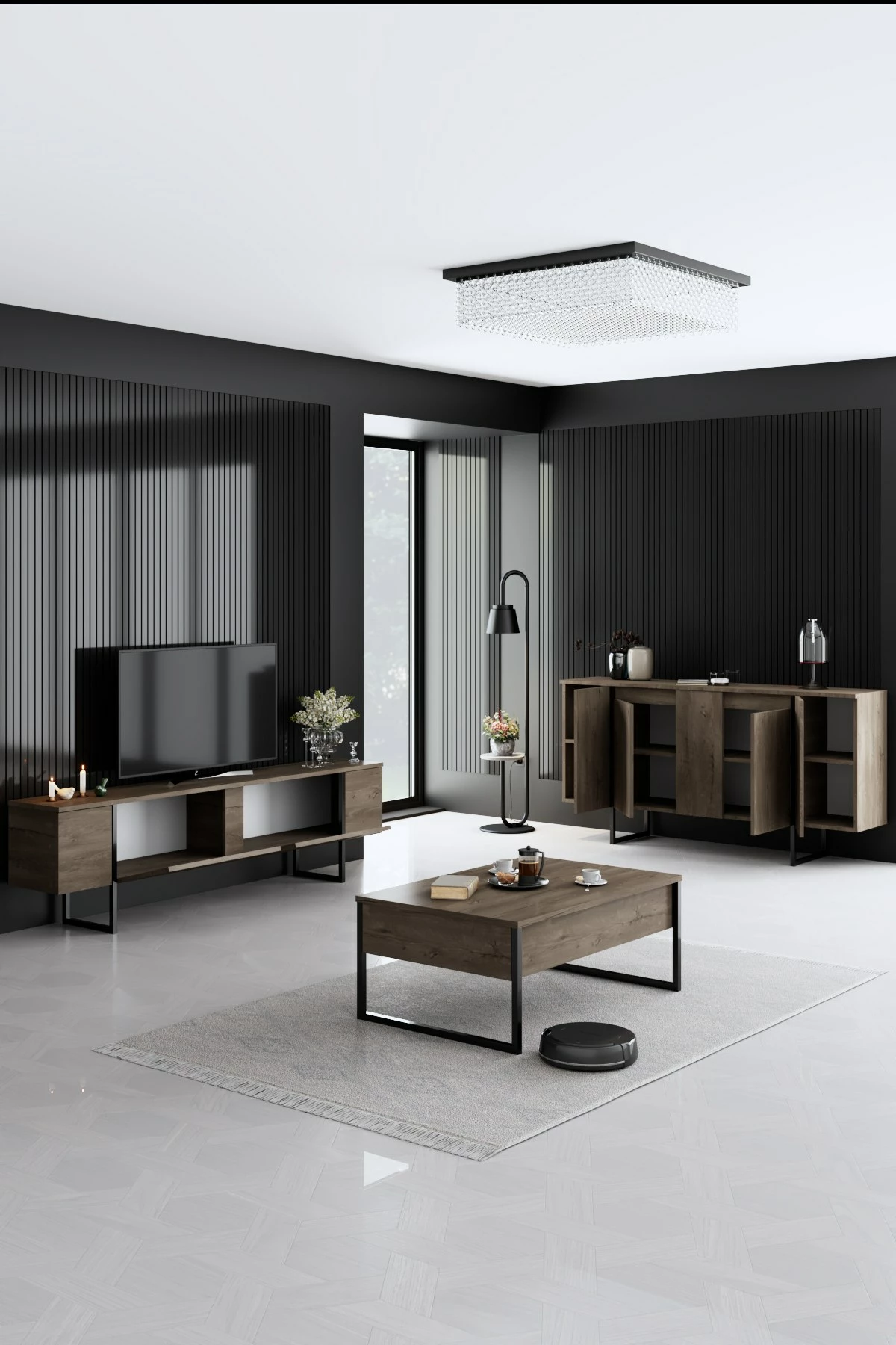 Set mobiljesh për dhomë dite, Luxe, ngjyrë arre dhe e zezë
