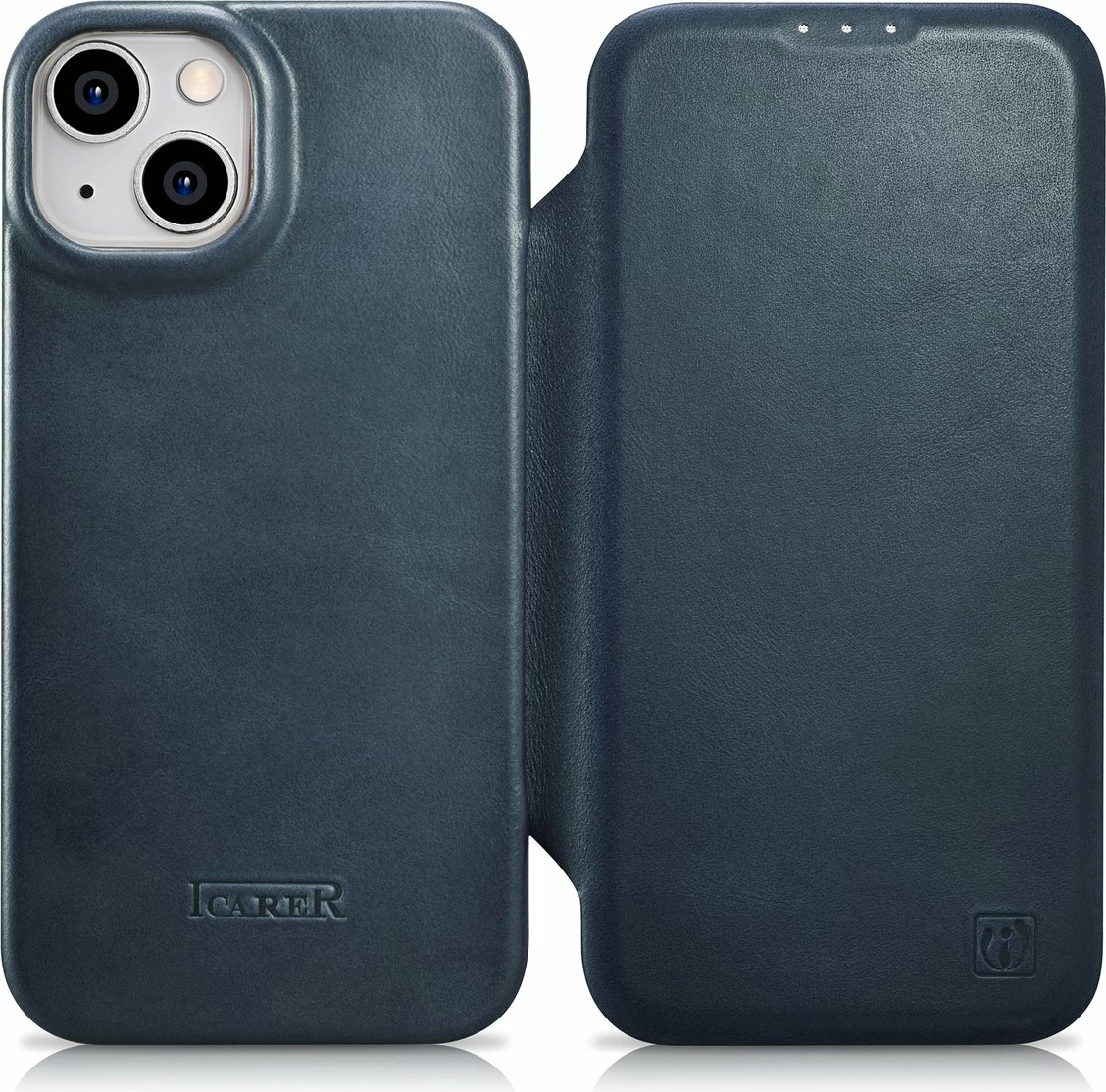 Mbështjellës iCarer Oil Wax Premium Leather Folio për iPhone 14 Plus, MagSafe, kaltër
