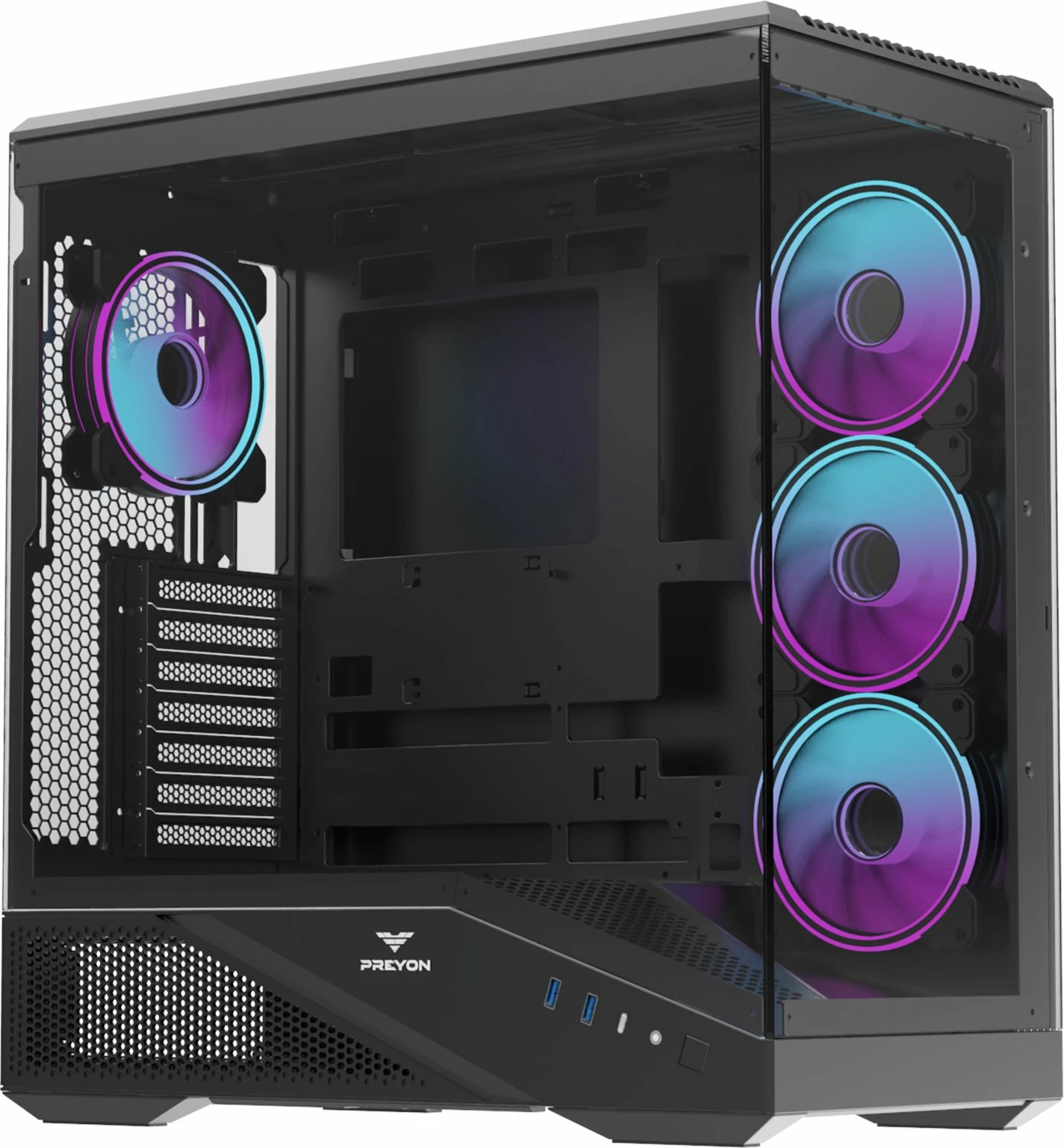Kasë PREYON Nest Seaview Midi Tower ATX/Micro-ATX/Mini-ITX, xham i temperuar, 4 ventilatorë ARGB, USB-C, e zezë