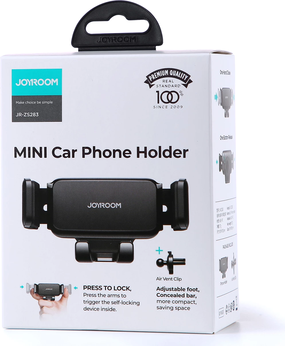 Mbajtëse celulari për veturë Joyroom JR-ZS283, montim në grilë ajrimi, kapëse me krahë teleskopikë, e zezë, në kuti