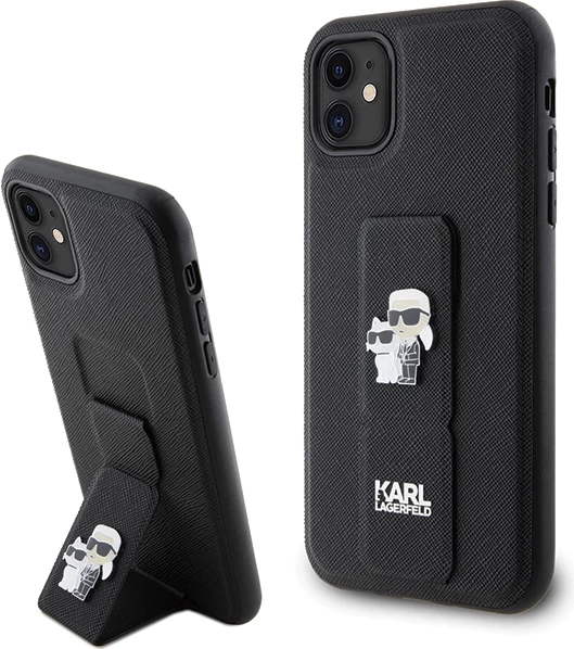 Mbështjellës Karl Lagerfeld Gripstand Saffiano Karl&Choupette Pins për iPhone 11/XR, i zi