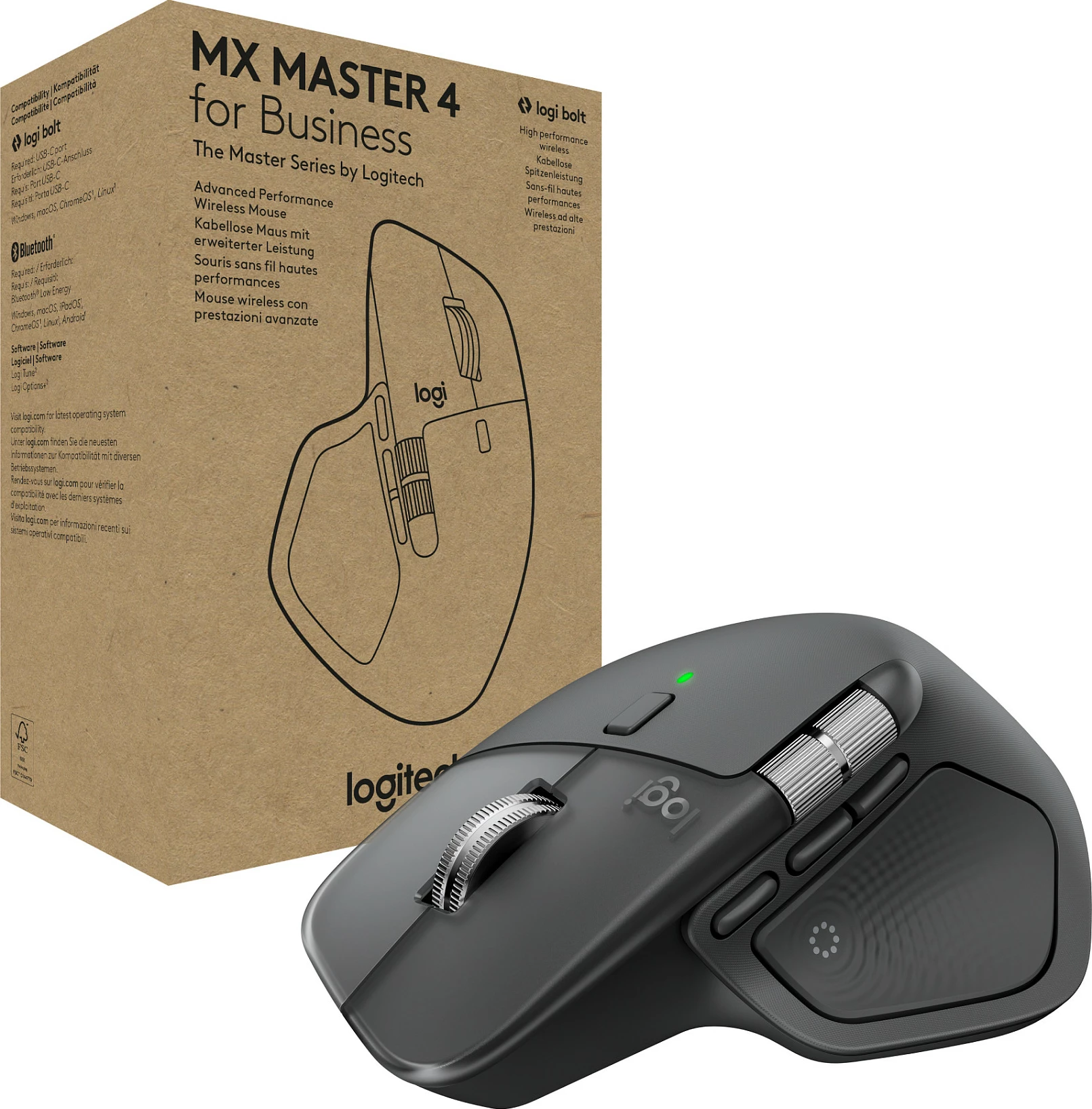 Maus Logitech MX Master 4 for Business, pa kabllo RF + Bluetooth, 8000 DPI, Logi Bolt, grafit