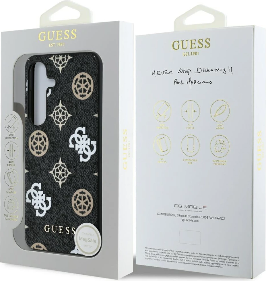 Mbështjellës Guess 4G Printed Colored Peony Pattern MagSafe për Samsung Galaxy S25, i zi