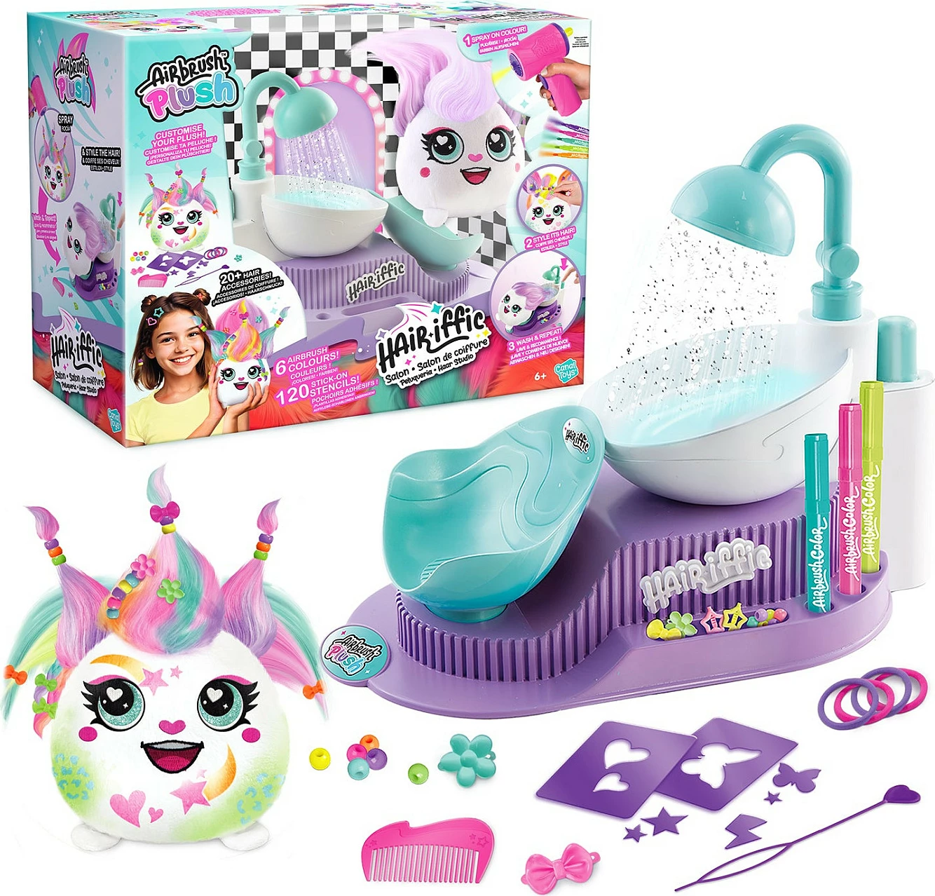 Set lodër sallon stilimi flokësh Canal Toys Airbrush Plush AIR 044, 148 pjesë, për fëmijë 6+, shumëngjyrësh