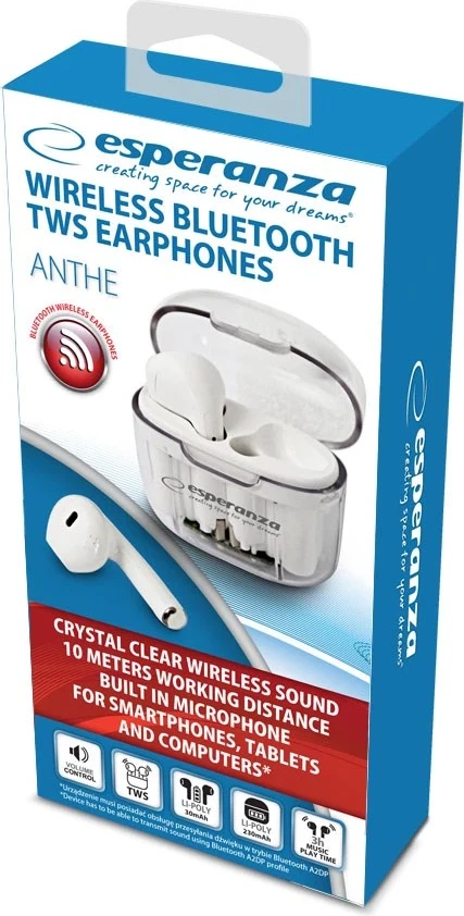 Dëgjuese Bluetooth Esperanza EH237W, TWS, të bardha