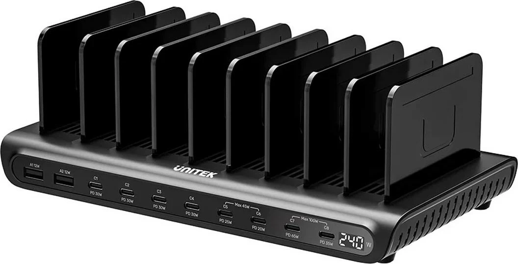 Stacion karikimi Unitek 10 porta, USB-C/USB-A, 240W, e zezë