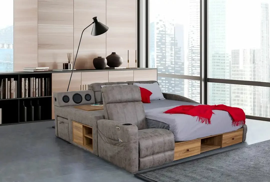 Krevat dopio me funksion masazhi, USB, audio, ngjyrë kafe, Skye Decor Whesley Smart