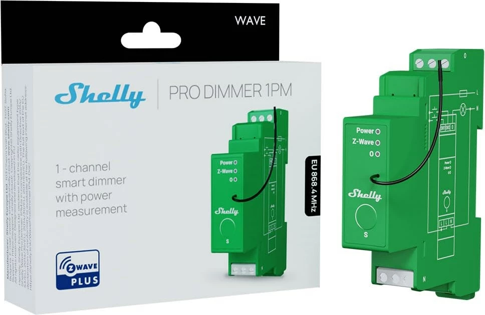 Dimmer inteligjent Shelly Wave Pro 1PM, wireless, për shina DIN, i gjelbër