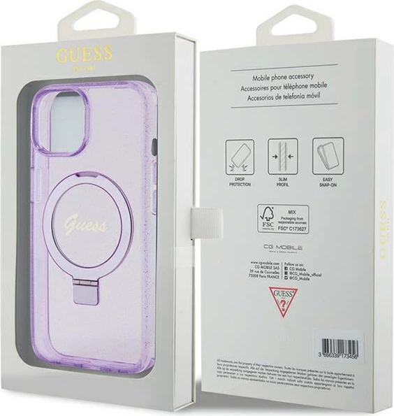 Mbështjellës Guess Ring Stand Script Glitter MagSafe për iPhone 15 Plus / 14 Plus, vjollcë
