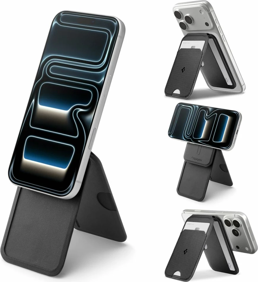 Mbështjellës/portofol MagSafe Spigen S314-2 Slim Fold Tripod Wallet, 3 vende për karta, PU leather, me mbajtëse stand, i zi, 1 copë