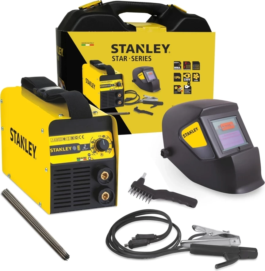 Aparat saldimi inverter Stanley STAR3200PROMOKIT 230V MMA 5-100A, set me maskë autodarkuese + valixhe, verdhë/zi