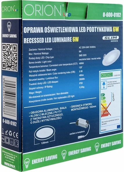 Panel LED i rrumbullakët i zhytur Orion ROUND SLIM O-600-0103 12W 960lm 175mm 4000K, i bardhë