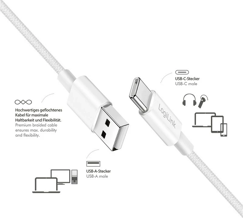 Kabllo Logilink USB-A në USB-C 1.5m, najlon, e bardhë