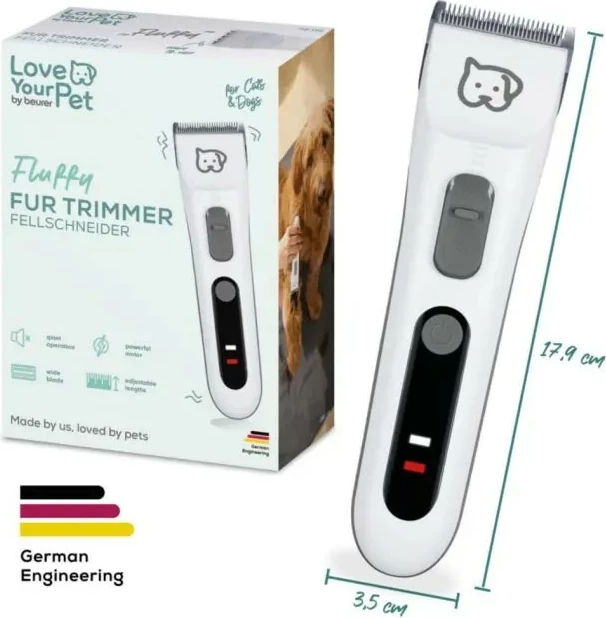 Makinë qethëse për kafshë Beurer PP110, rregullim 0.6–25 mm, teh çelik inox, bateri 4 orë, përdorim me kabllo/pa kabllo, set 9-copësh, bardhë/gri