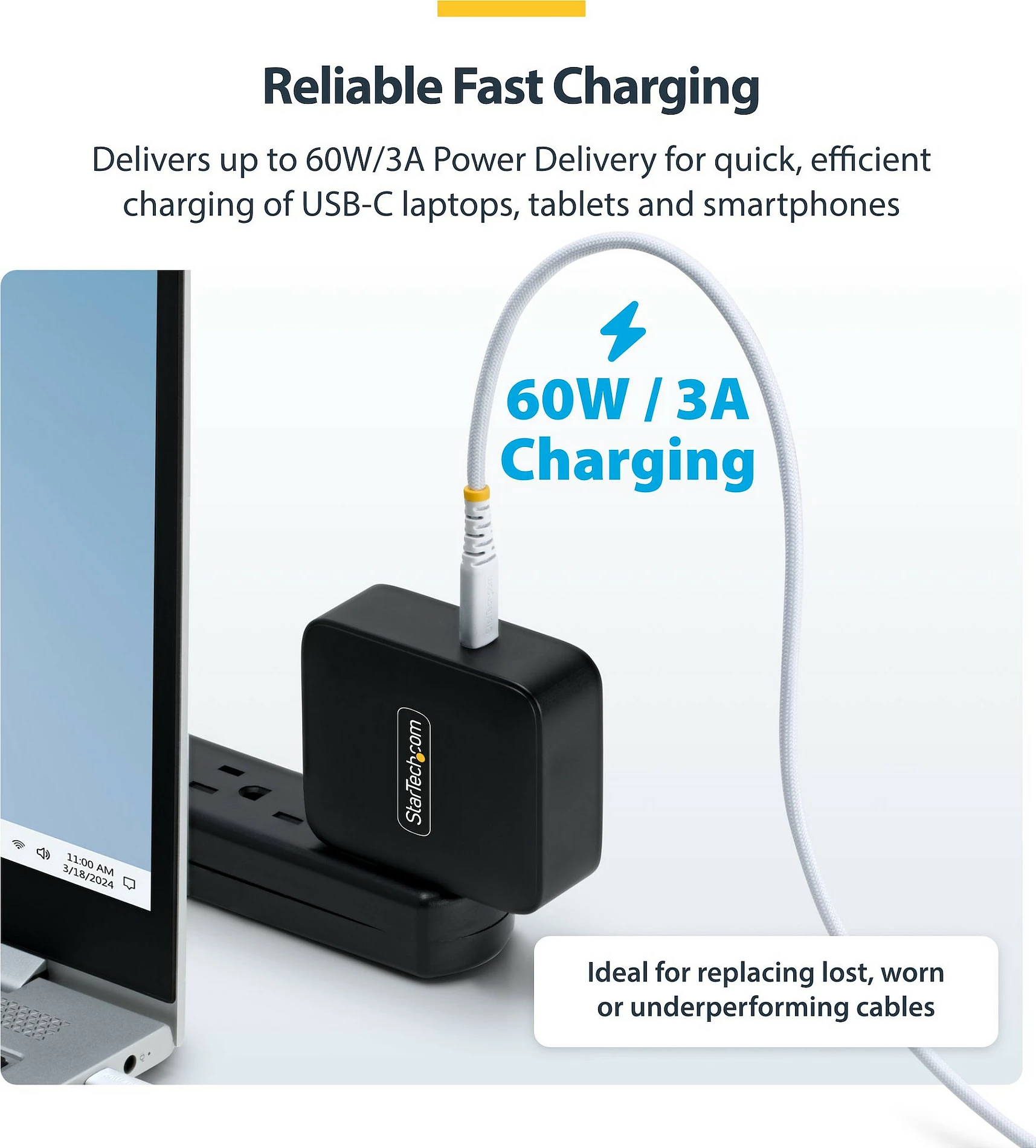 Kabllo karikimi StarTech USB-C në USB-C, 1m, PD 60W (3A), e bardhë