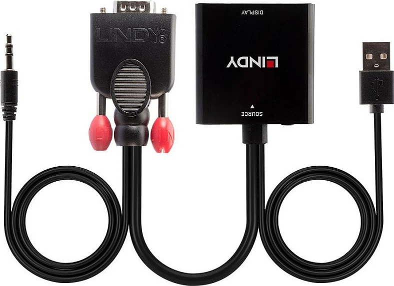 Konverter LINDY VGA + Audio në HDMI, me USB furnizim, i zi