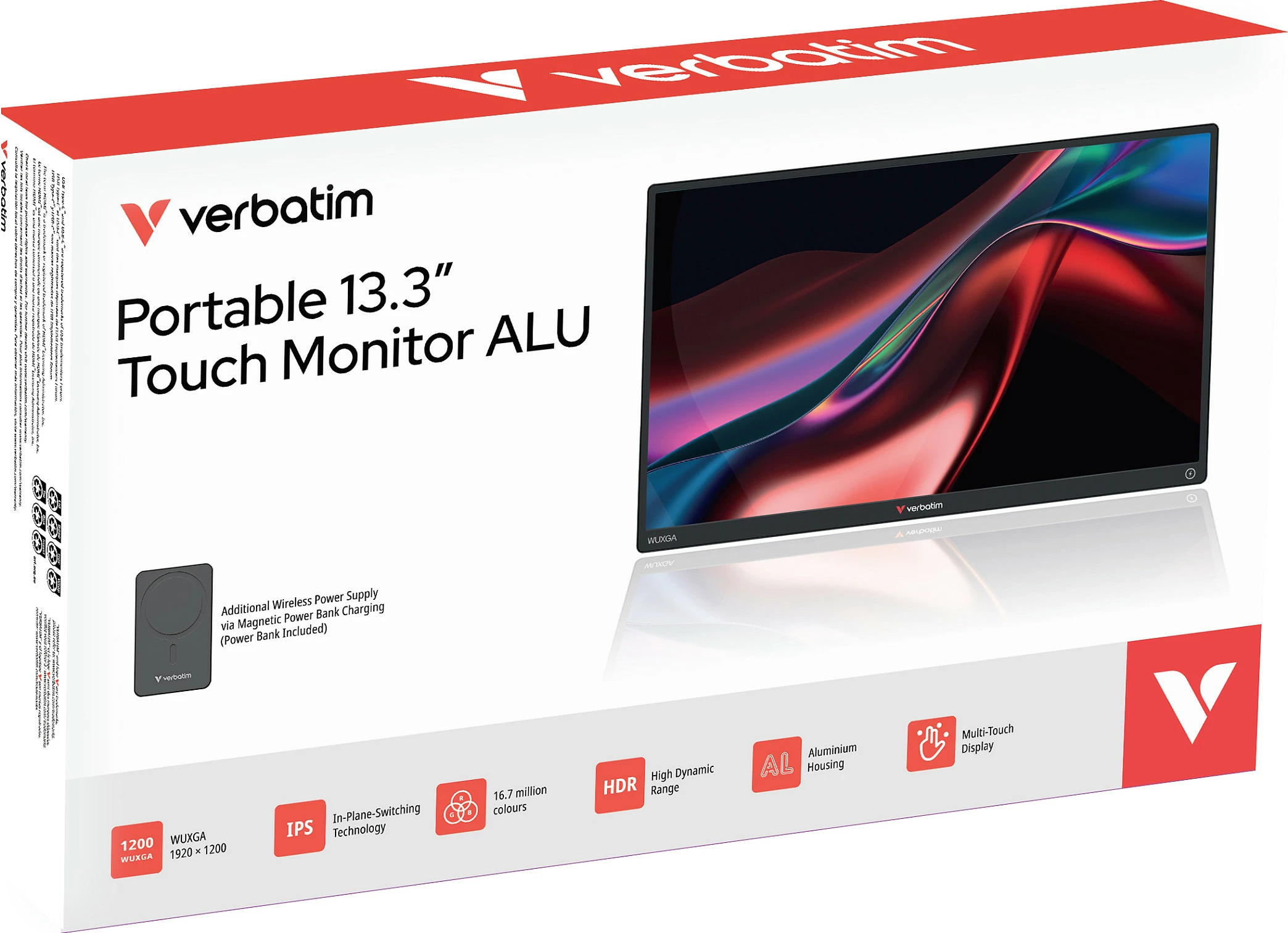 Monitor portativ Verbatim 13.3" WUXGA 1920x1200, IPS, touchscreen, HDR, USB-C/HDMI, i zi