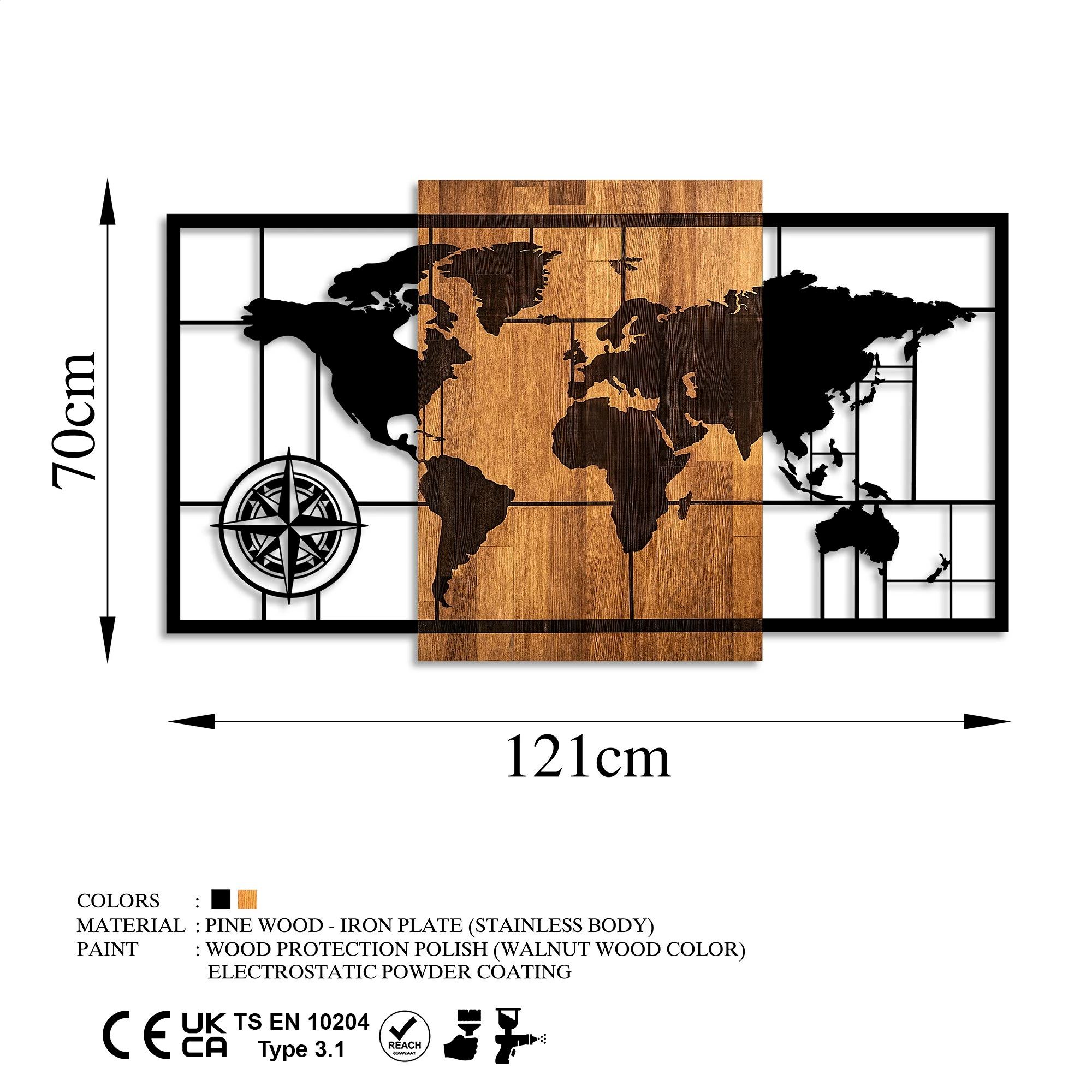 Aksesor dekorativ për mur, hartë bote, dru dhe metal, ngjyrë arre dhe e zezë, 70x121cm