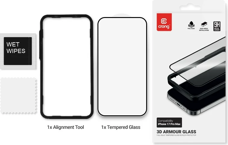 Qelq i kalitur mbrojtës, CRONG 3D Armour Glass, për iPhone 17 Pro Max, Edge-to-Edge 2.5D, 0.33mm, 92% transparencë, me kornizë instalimi