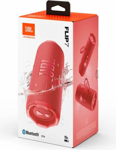 Altoparlant portativ Bluetooth JBL Flip 7, 16 orë playtime, IP68, Bluetooth 5.4, Auracast, USB-C lossless, me rrip dore & karabinë, i kuq