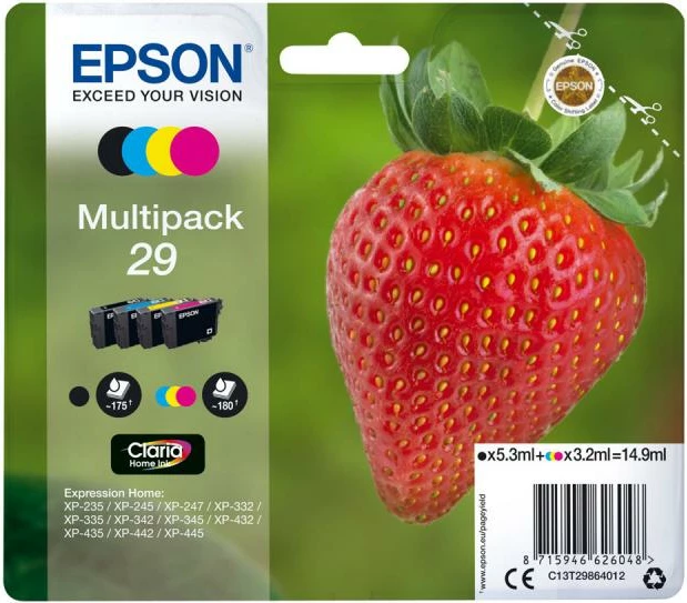 Kartusha boje, Epson, 29 Multipack C13T29864012, 4 ngjyra, 14.9 ml, paketë