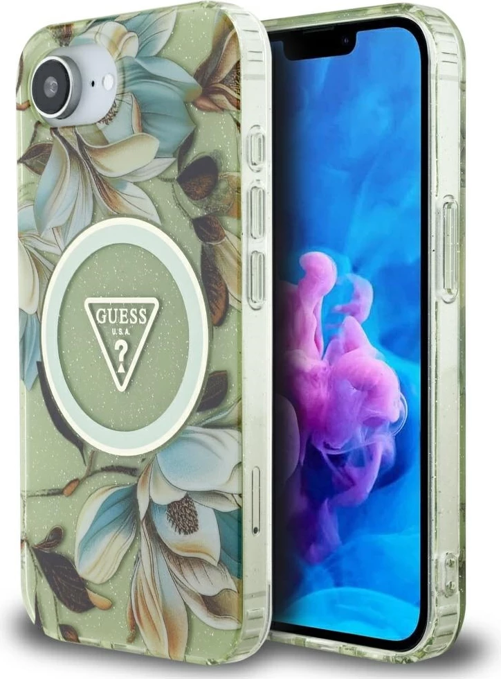 Mbështjellës Guess IML Metal Glitter Flowers Triangle MagSafe për iPhone 16e, Gjelbër