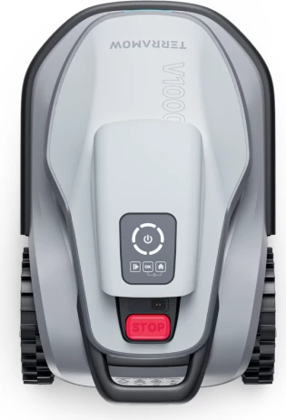 Robot kositës bari TERRAMOW V1000, 1200 m², AI TerraVision 2.0 (3 kamera), Wi‑Fi/4G, IPX6, gri, set me stacion karikimi