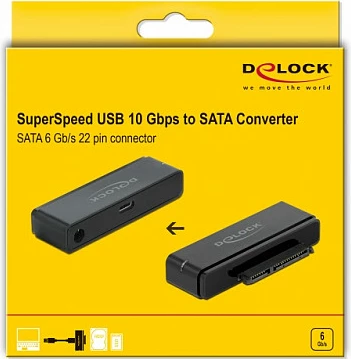Konvertues DeLOCK USB-C 3.2 Gen 2 në SATA, 6 Gbit/s, me adapter rryme, i zi