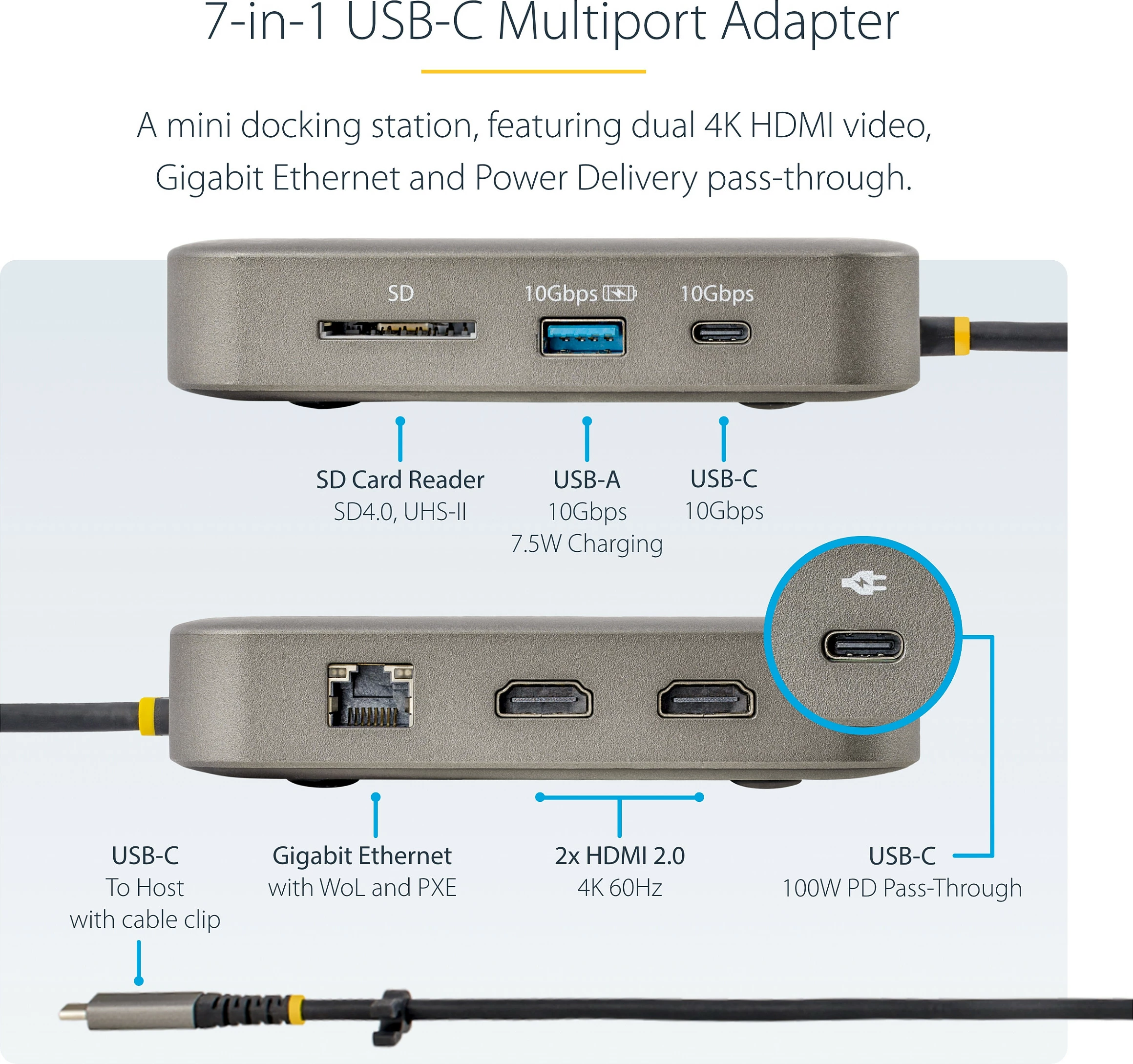 Docking station USB-C StarTech, Dual HDMI 4K 60Hz, USB-A/USB-C 10Gbps, 100W PD, GbE, SD/MMC, Space Gray