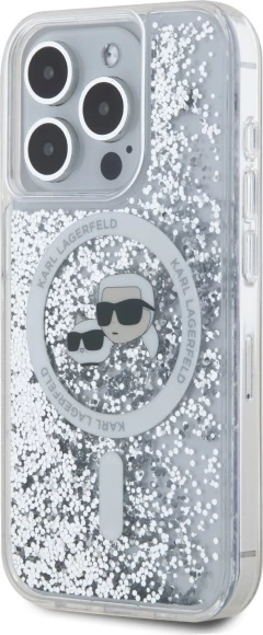 Mbështjellës Karl Lagerfeld Liquid Glitter Karl & Choupette Head MagSafe për iPhone 15 Pro, Transparent