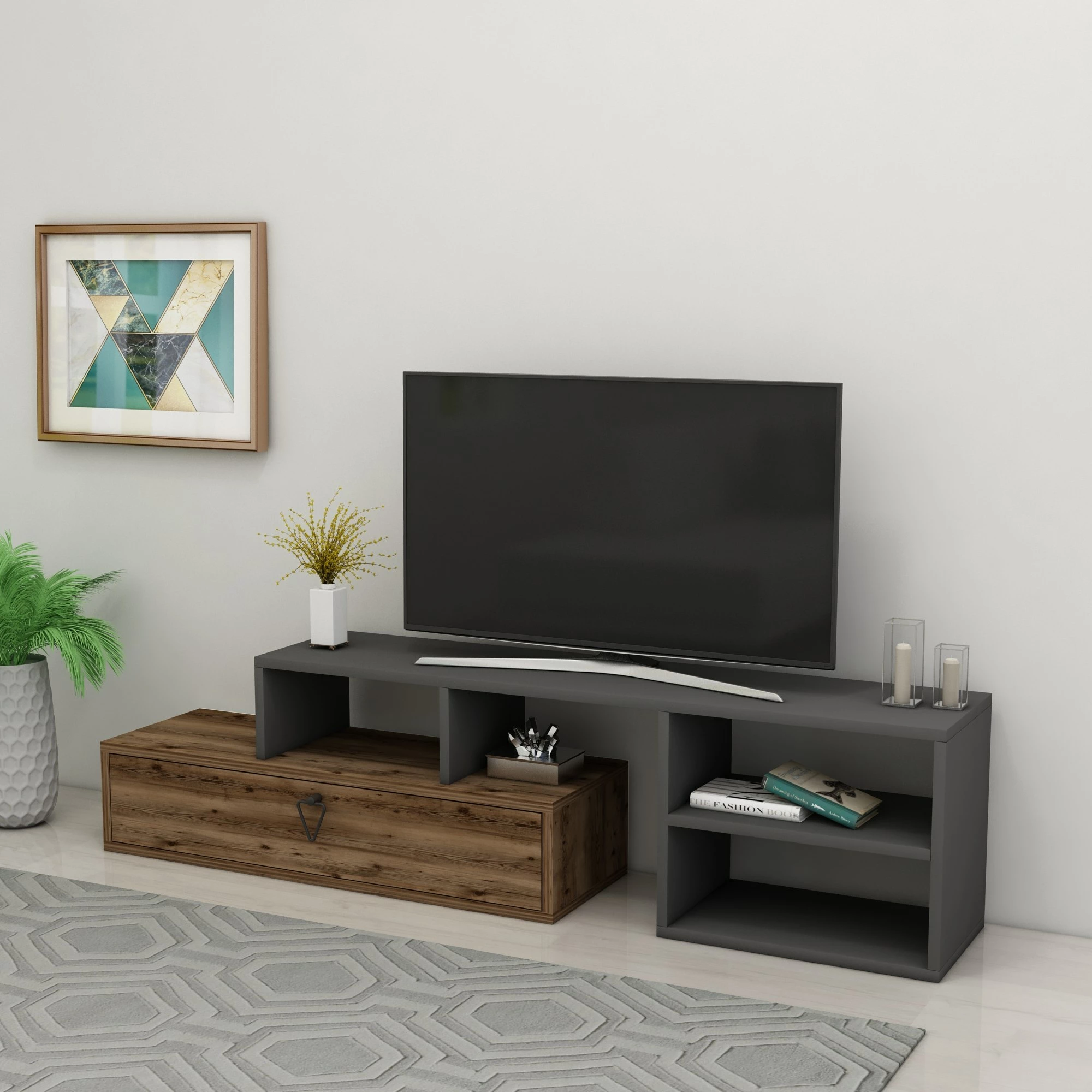 Komodë TV Hanah Home, Duru, ngjyrë arrë e çelët dhe antracit