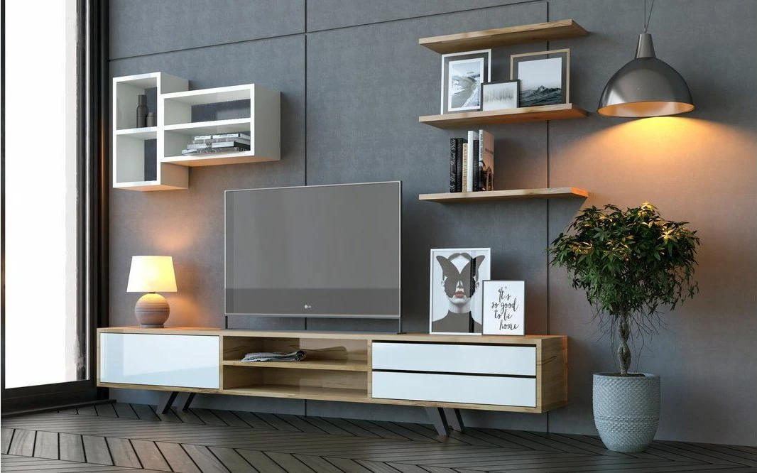 Komodë TV Skye Decor, Rb-065, e bardhë dhe lis, 180x45x40cm