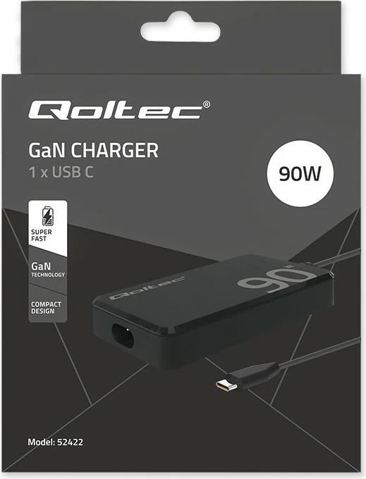 Karikues muri Qoltec 52422, 90W GaN, USB-C 3.1, me kabllo, i zi