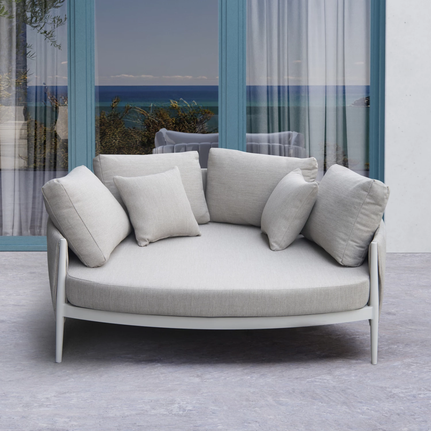 Daybed gjysmë-rrethore për dy persona, alumin, ngjyrë krem e bardhë, pëlhurë OLEFIN & rrip, 164x144x70cm